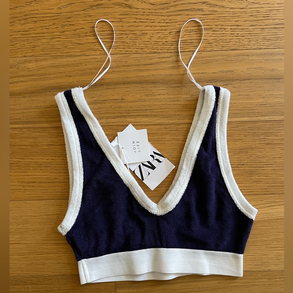 Zara NWT Keyhole Terry Cloth Bra Top V-Neck Navy & White Sz Small